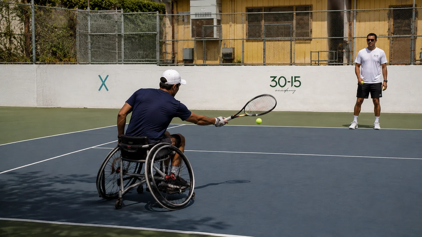 Adaptive wheelchair tennis player practicing on an outdoor tennis court in Glendale.